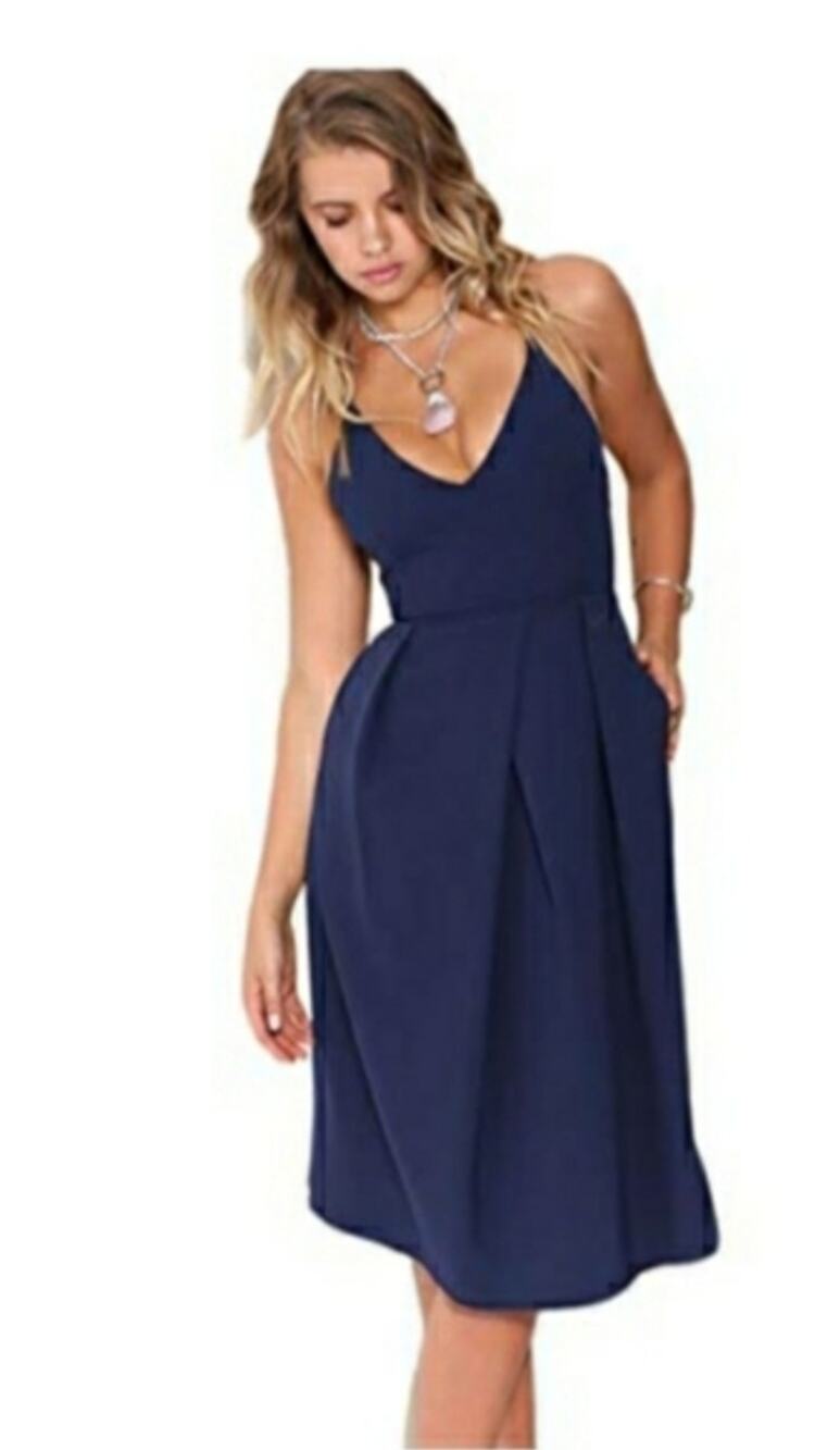 6097)Elia-Cher Navy Deep V Neck Criss Cross Fit & Flare Cocktail Dress M(8-10)